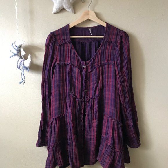 Free People Tops - Free People Plaid Distressed Button Up Tunic Dress